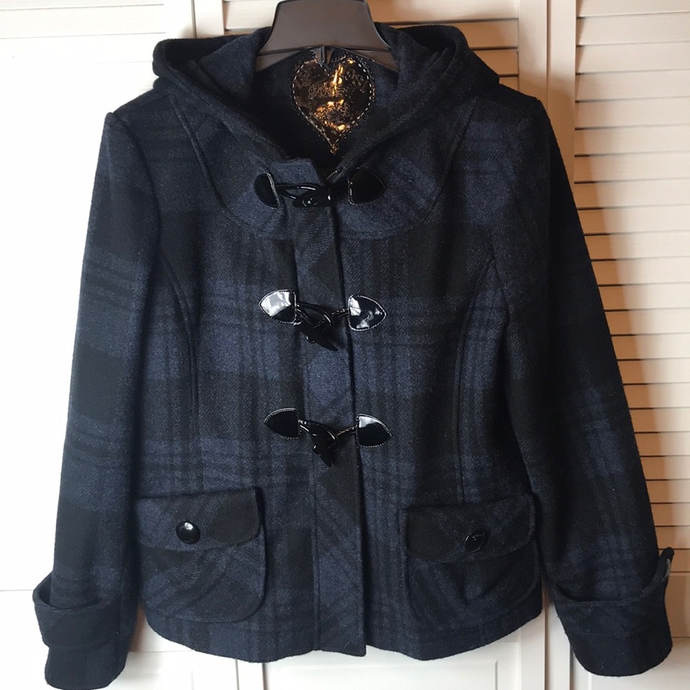 Guess Black and Blue Plaid Pea Coat